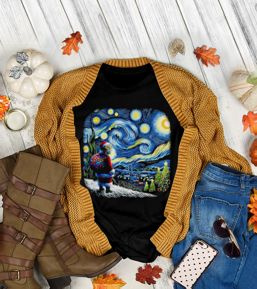 Cat Santa Paws Van Gogh Starry Night Christmas Holiday Scene T-Shirt