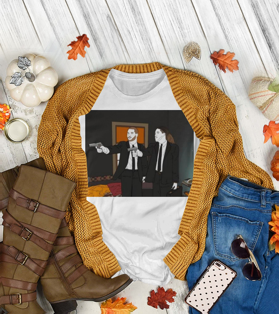 Pulp Fiction Bosa and Youn Duo with Guns Scene T-Shirt