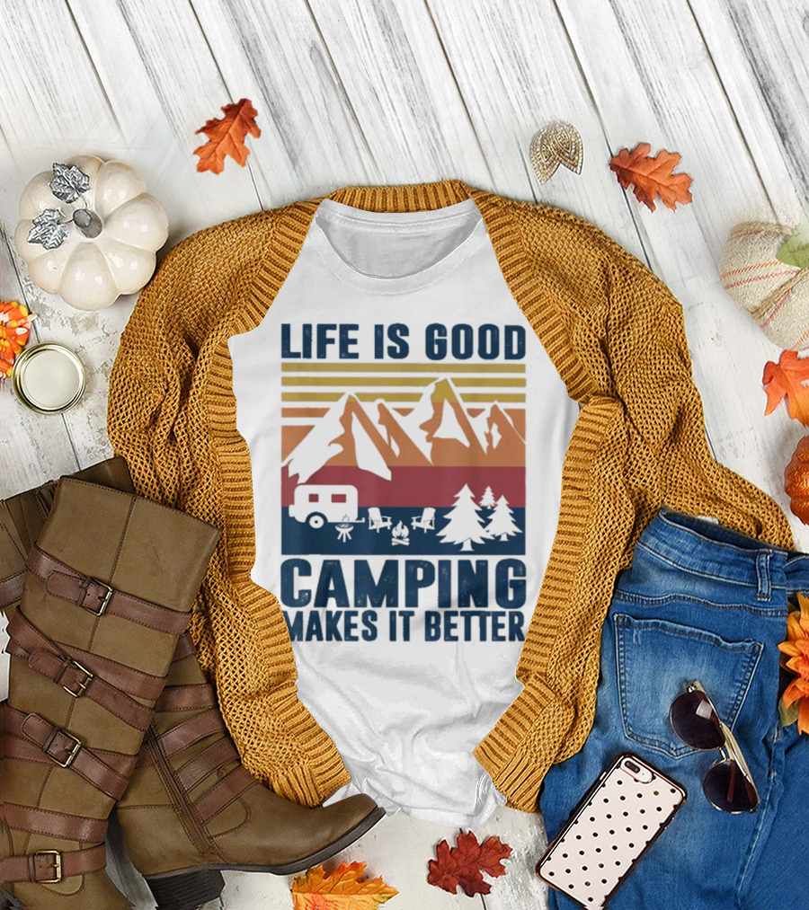 Life is Good Camping Makes It Better Vintage Mountains Camper Landscape T-Shirt