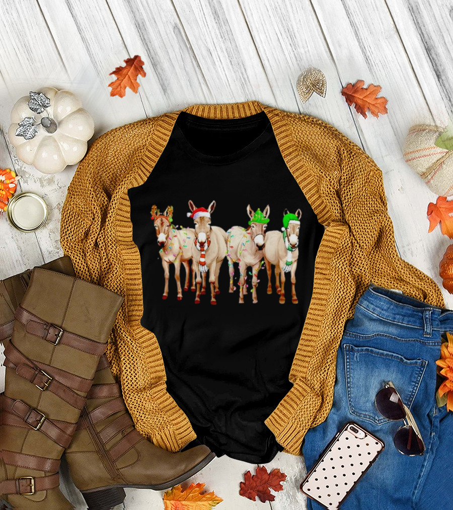 Merry Christmas Donkey Festive Holiday Lights with Reindeer Antlers and Santa Hats T-Shirt