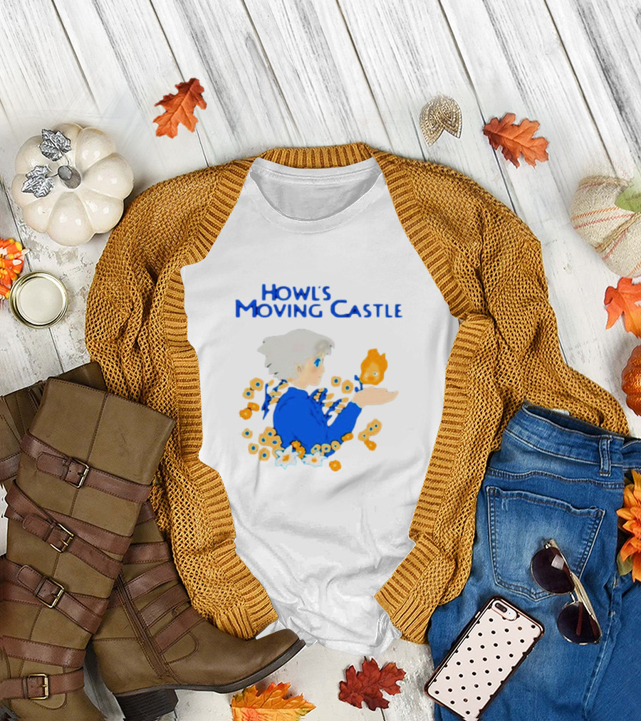 Howl’s Moving Castle Howl with Calcifer and Flowers T-Shirt