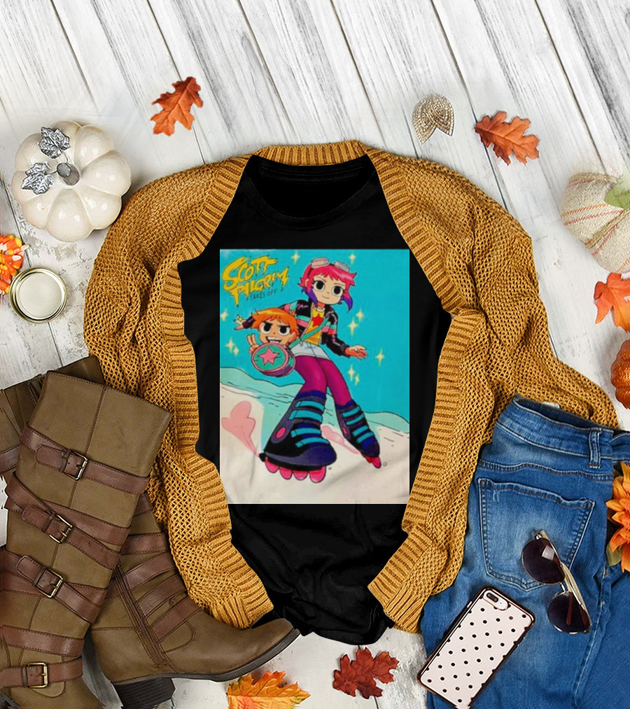 Scott Pilgrim Takes Off Roller Skating Adventure with Animated Style Characters T-Shirt