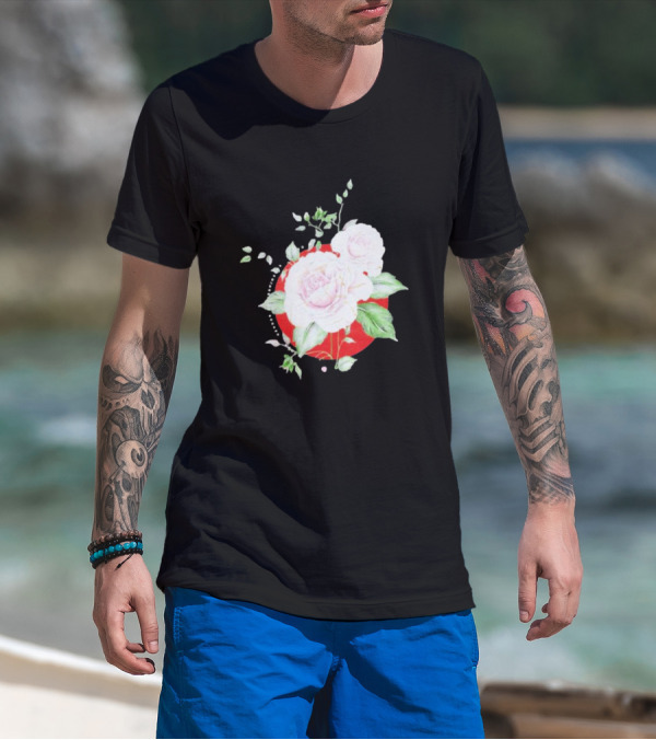 5Yr Kintsugi Rose Floral Design On Red Circle Background T-Shirt