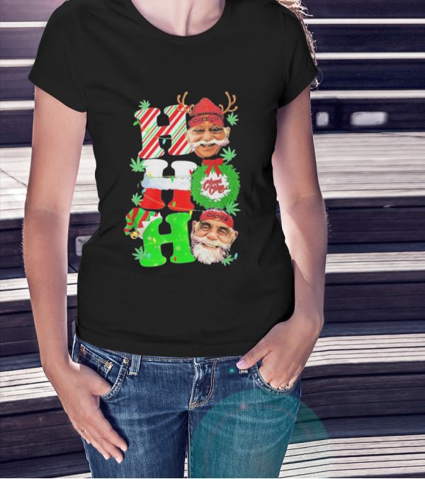 Cheech And Chong Xmas 2024 Hohoho Holiday Cannabis Santa Reindeer Christmas Wreath Elf T-Shirt