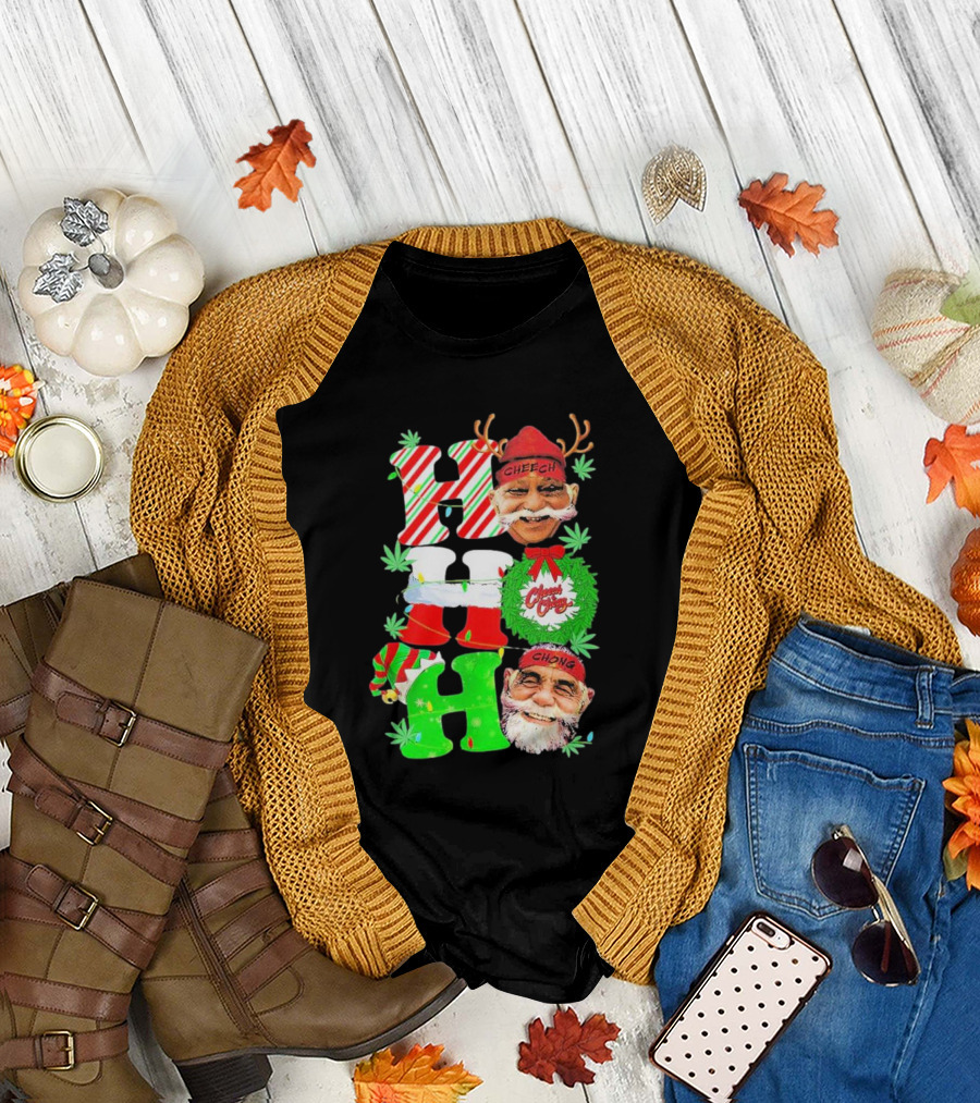 Cheech and Chong Xmas 2024 Hohoho Holiday Cannabis Santa Reindeer Christmas Wreath Elf T-Shirt