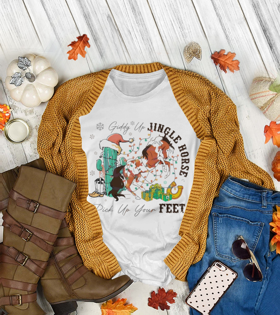 Giddy Up Jingle Horse Pick Up Your Feet Cactus with Santa Hat and Gifts T-Shirt