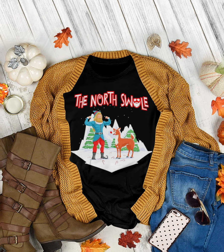 Papa Swolio Elf with Reindeer in The North Swole Winter Scene T-Shirt