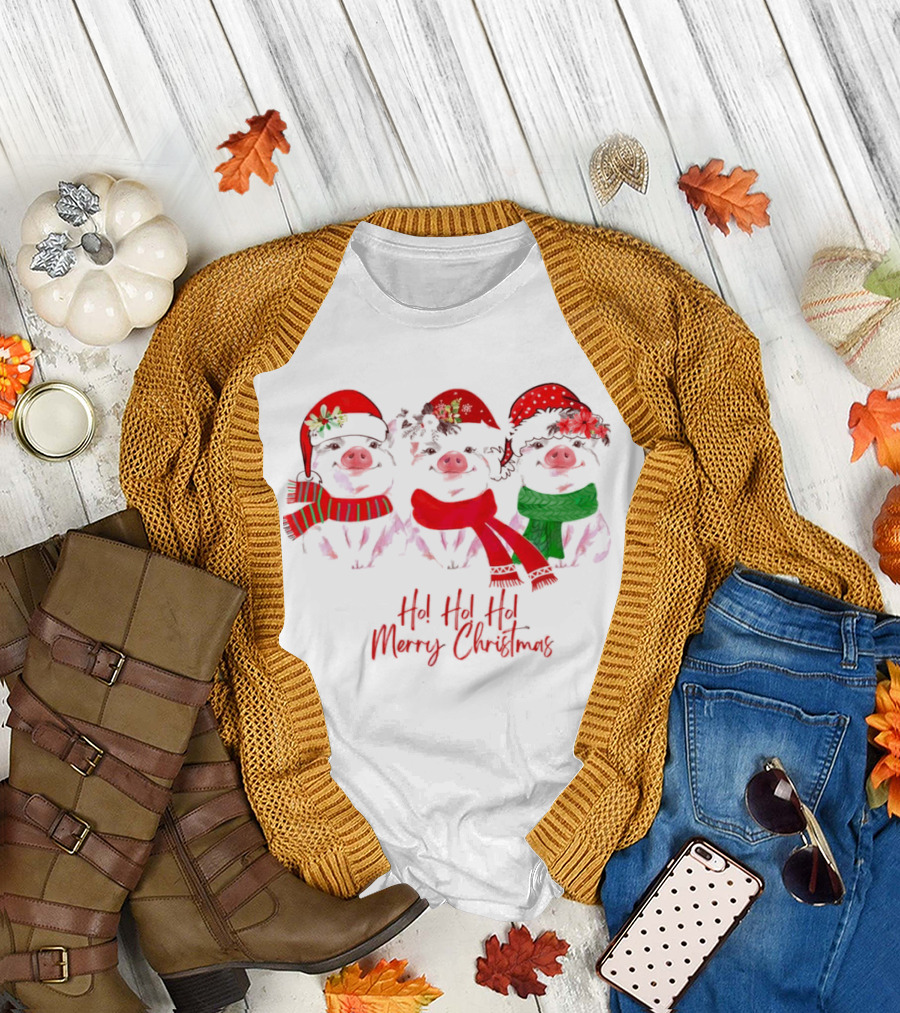 Ho Ho Ho Merry Christmas Pig Trio Santa Hat T-Shirt