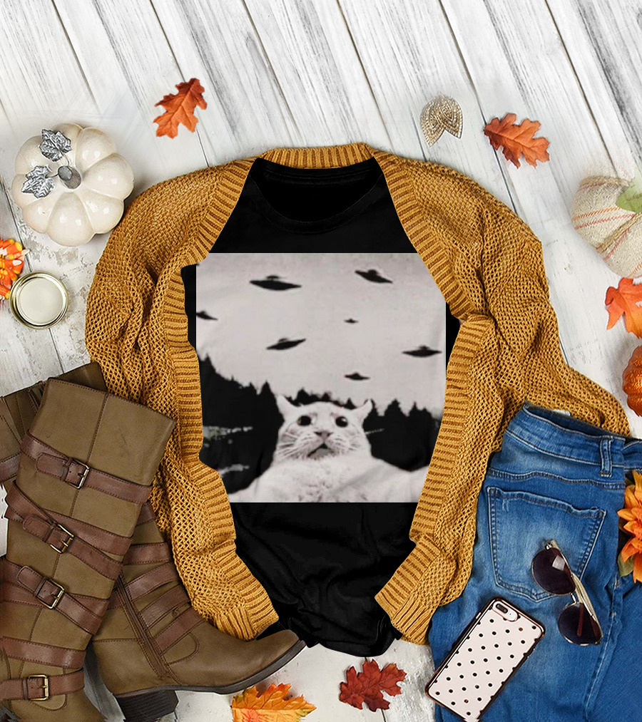 Cat Taking a Selfie UFOs Black and White Forest Background T-Shirt
