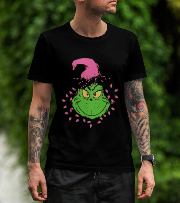 Grinch In Pink Santa Hat With Pink Christmas Lights T-Shirt
