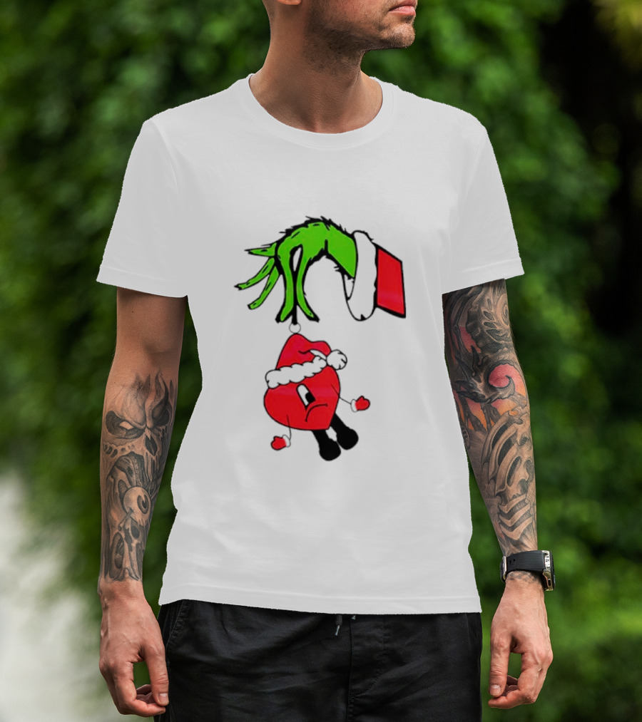 Grinch Hand Bad Bunny Santa Hat Christmas T-Shirt