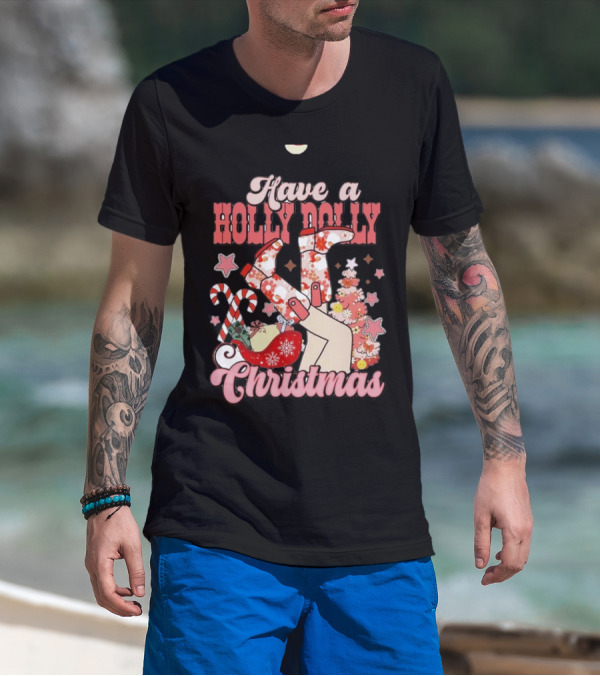 Have A Holly Dolly Christmas Sleigh Candy Canes And Stars T-Shirt