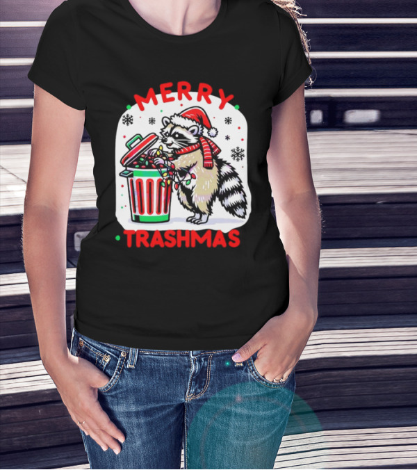 Merry Trashmas Raccoon Santa With Christmas Lights T-Shirt
