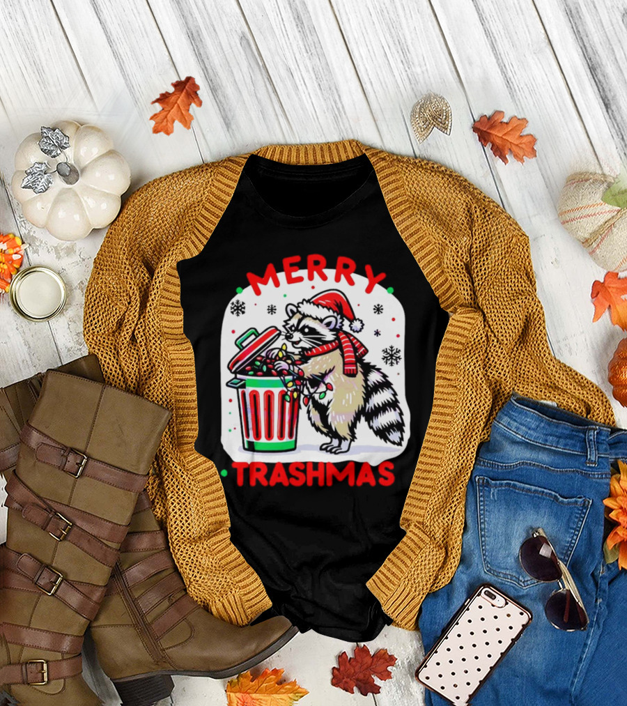 Merry Trashmas Raccoon Santa with Christmas Lights T-Shirt