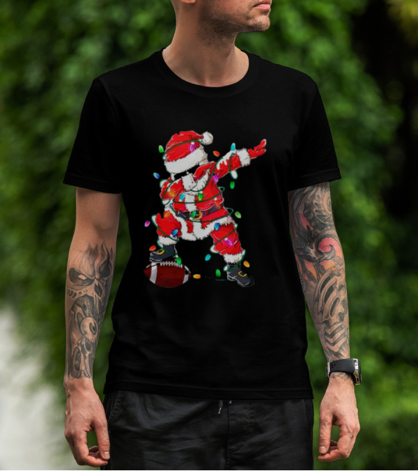 Santa Dabbing With Christmas Lights And Football T-Shirt