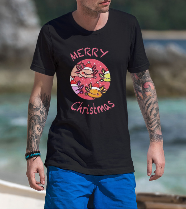 Merry Christmas Axolotl With Santa Hat T-Shirt
