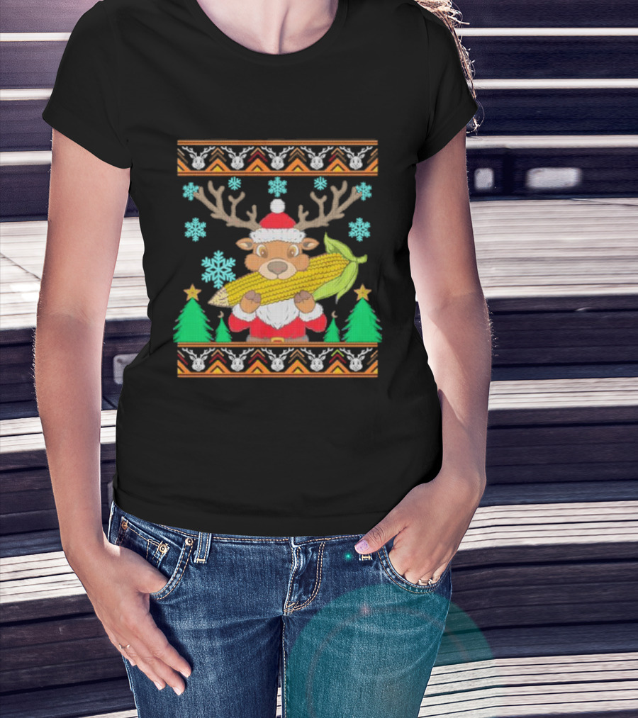 Reindeer Holding Corn With Snowflakes And Trees Christmas T-Shirt