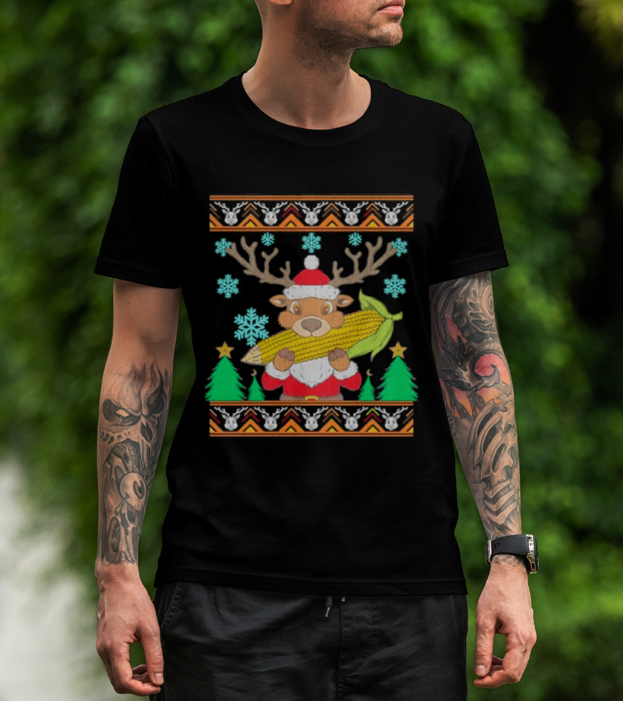 Reindeer Holding Corn With Snowflakes And Trees Christmas T-Shirt