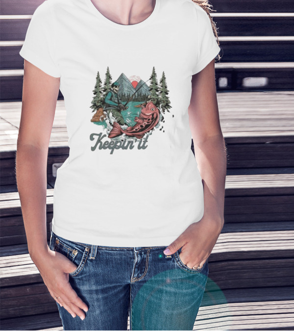 Keepin' It Reel Skeleton Fishing Adventure With Giant Fish And Mountain Lake Scene T-Shirt