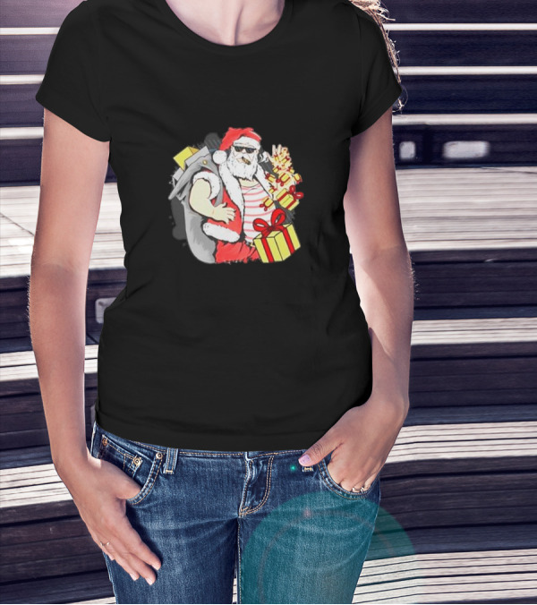 Santa Claus Cool Sunglasses Carrying Christmas Gifts T-Shirt