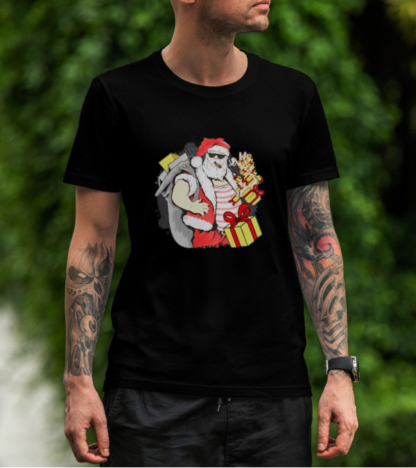 Santa Claus Cool Sunglasses Carrying Christmas Gifts T-Shirt