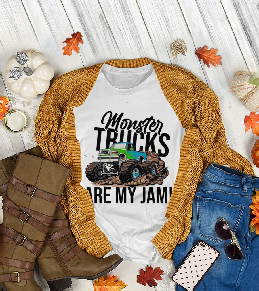 Monster Trucks Are My Jam Off-Road Adventure with Green and Blue Truck T-Shirt