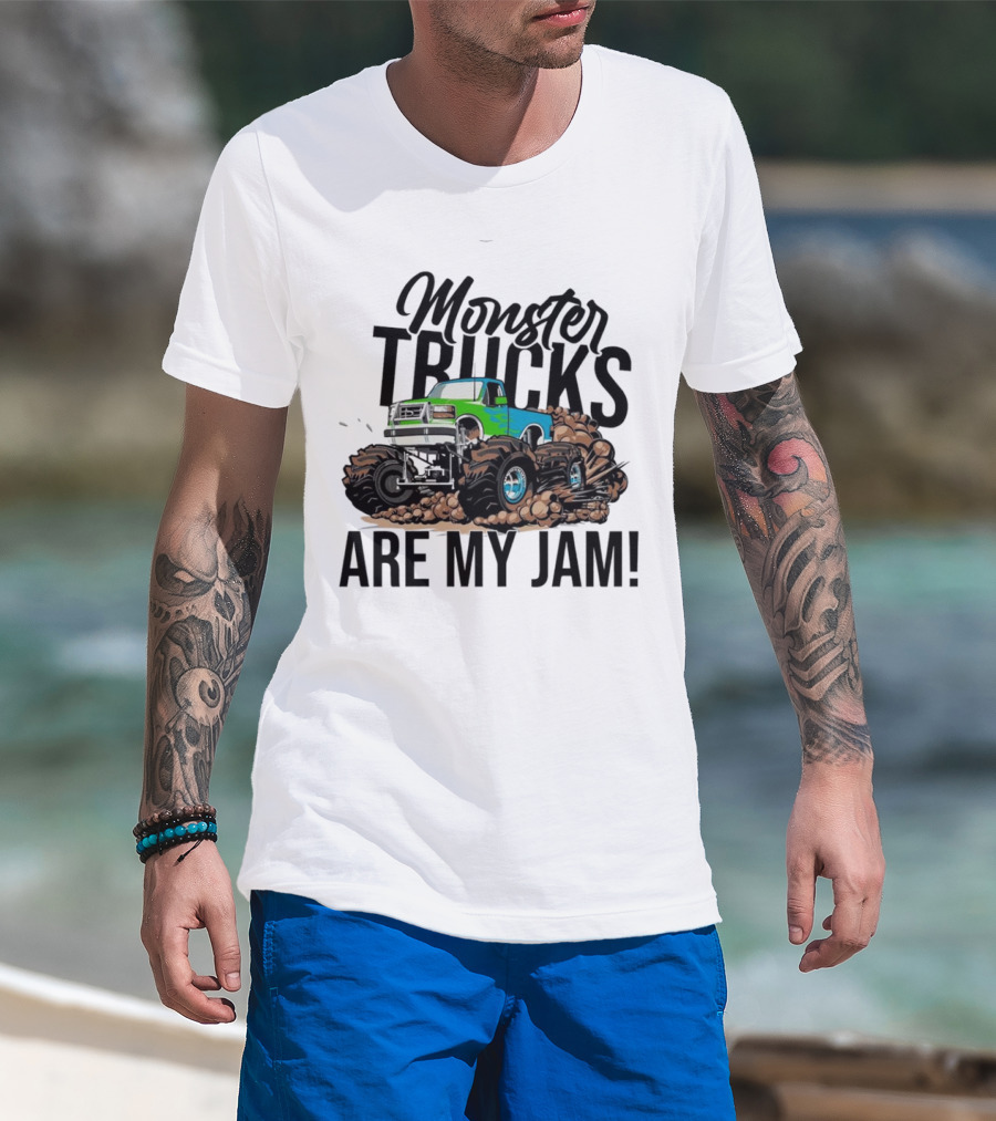 Monster Trucks Are My Jam Off-Road Adventure With Green And Blue Truck T-Shirt