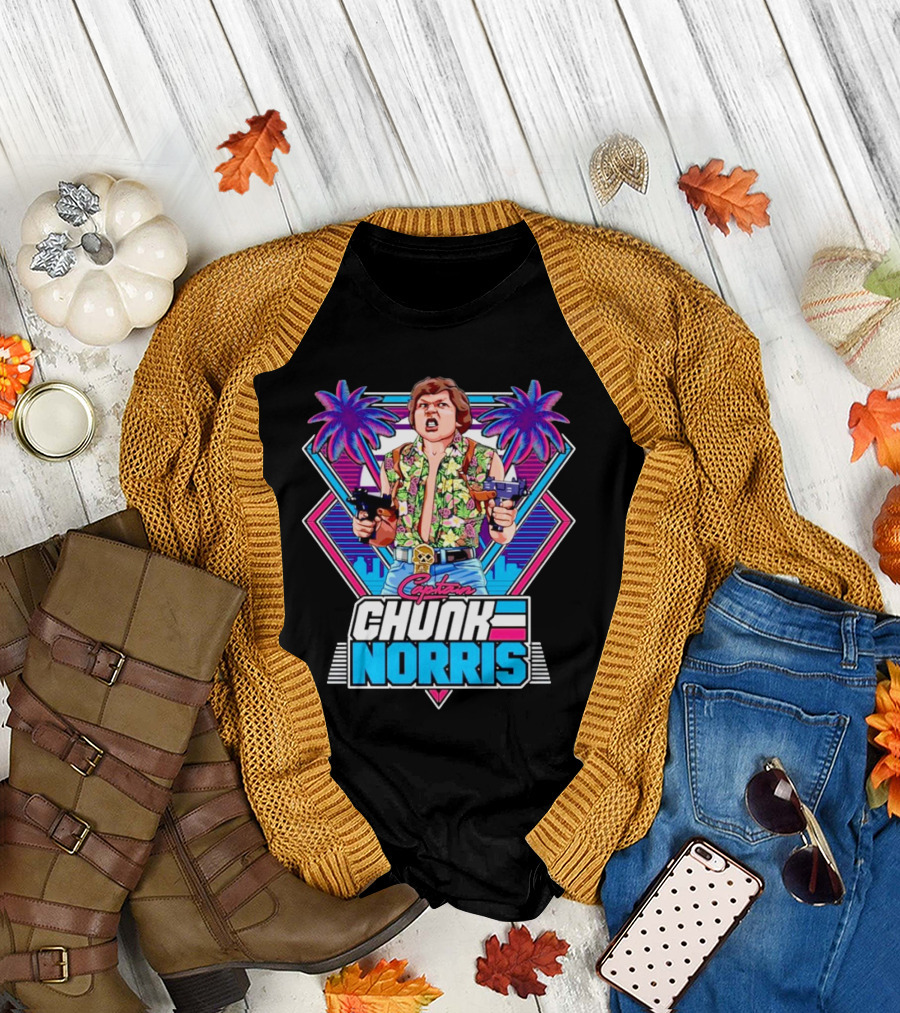 Captain Chunk Norris Retro Miami Vice Styled Character with Dual Pistols and Neon Palm Trees T-Shirt