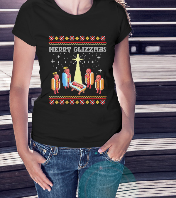 Merry Glizzmas Nativity Hot Dog Angels Scene Ugly Christmas T-Shirt