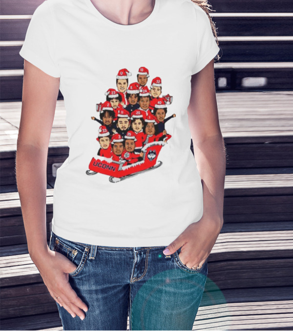 UConn Huskies Christmas Cartoon Sled Team Santa Hats T-Shirt