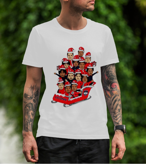 UConn Huskies Christmas Cartoon Sled Team Santa Hats T-Shirt