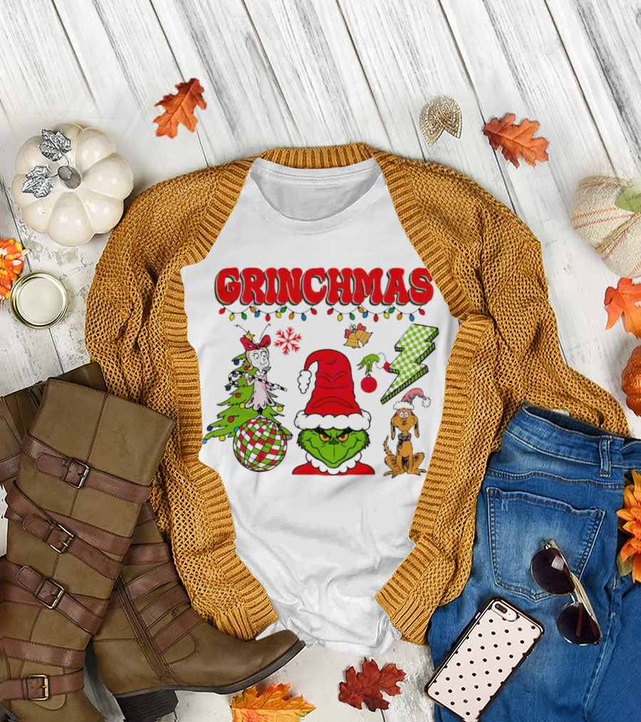 Grinch Grinchmas Red Hat Christmas Tree Max Dog Lightning Bolt Ornaments T-Shirt