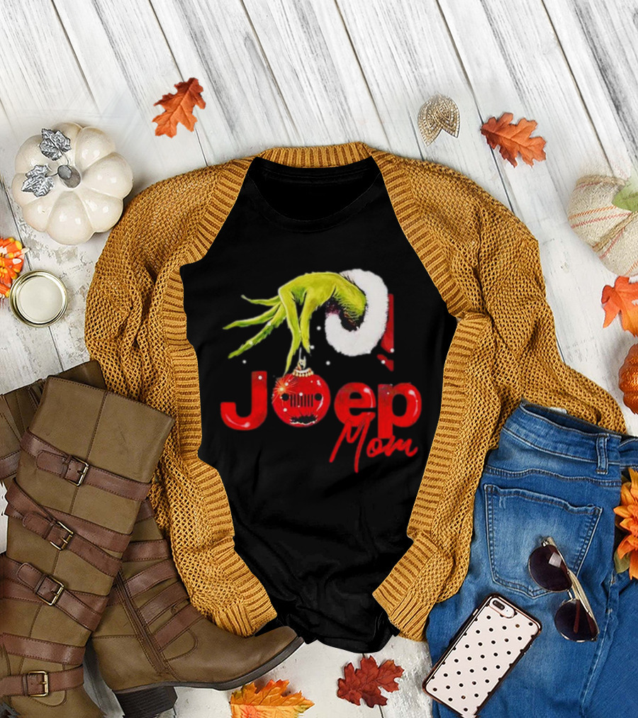 Grinch Hand with Santa Hat Holding Christmas Ornament Jeep Mom T-Shirt
