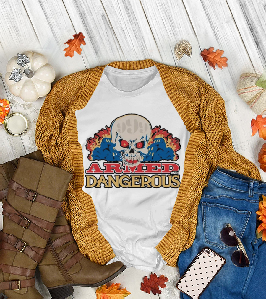 999 Club Armed and Dangerous Skull with Red Eyes and Flames T-Shirt
