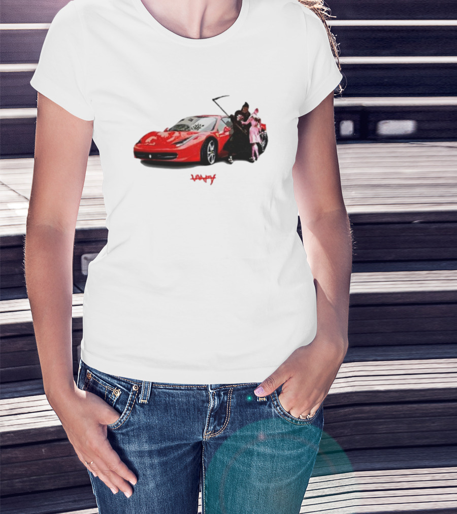 Club Scared Of Love Red Sports Car And Grim Reaper With Pink Figure T-Shirt