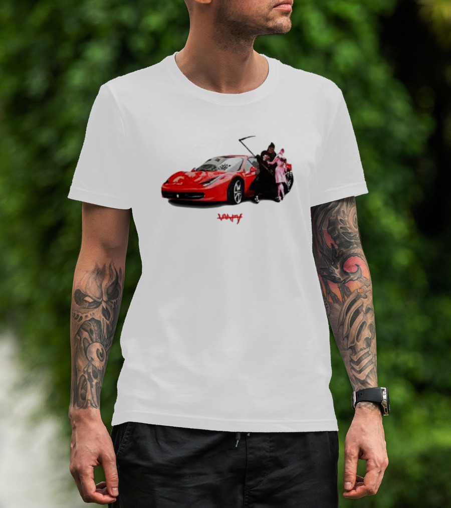 Club Scared Of Love Red Sports Car And Grim Reaper With Pink Figure T-Shirt