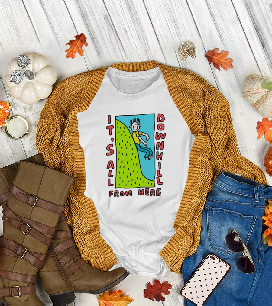 IT'S ALL DOWNHILL FROM HERE Cartoon Character Sliding Down Green Hill T-Shirt