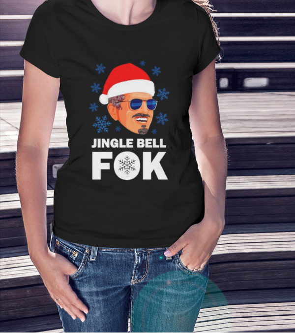 Jingle Bell Fok Santa Christmas Snowflakes Santa Hat Blue Sunglasses T-Shirt