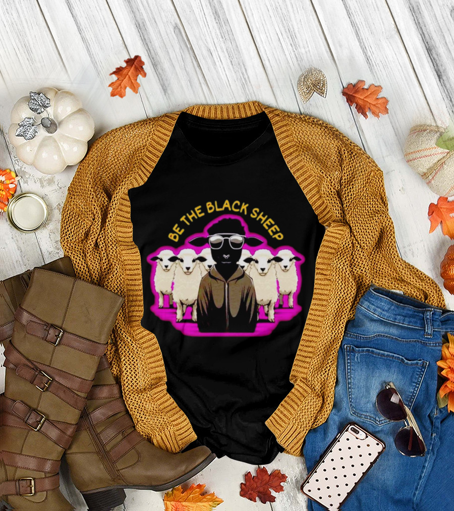 BE THE BLACK SHEEP Cool Black Sheep with Sunglasses Standing Out in a Flock T-Shirt