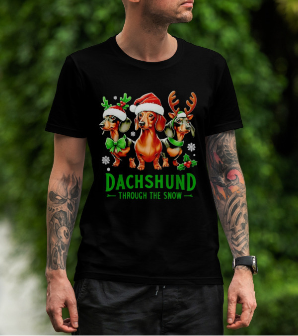 Dachshund Through The Snow Santa Hat Reindeer Antlers Christmas Bow T-Shirt