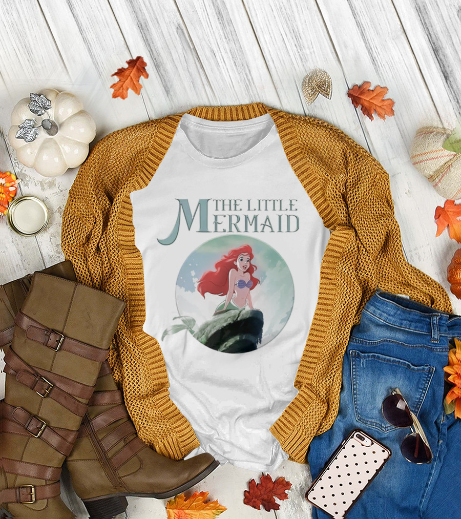 The Little Mermaid Ariel with Red Hair and Ocean Backdrop T-Shirt