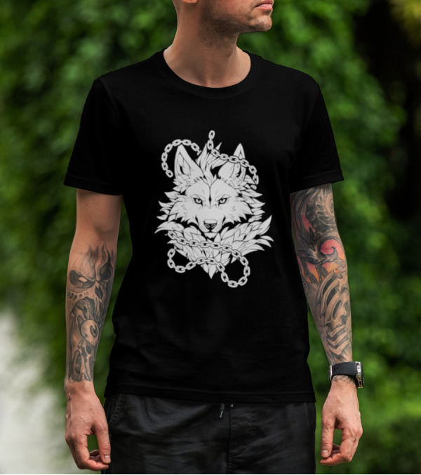Wolf And Chains Intricate Black White T-Shirt