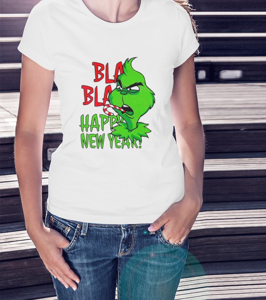 Bla Bla Happy New Year Grinch Candy Cane Image T-Shirt