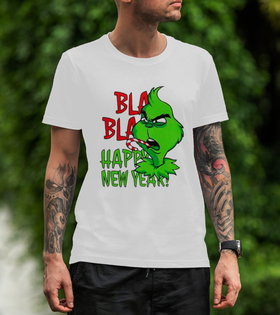 Bla Bla Happy New Year Grinch Candy Cane Image T-Shirt