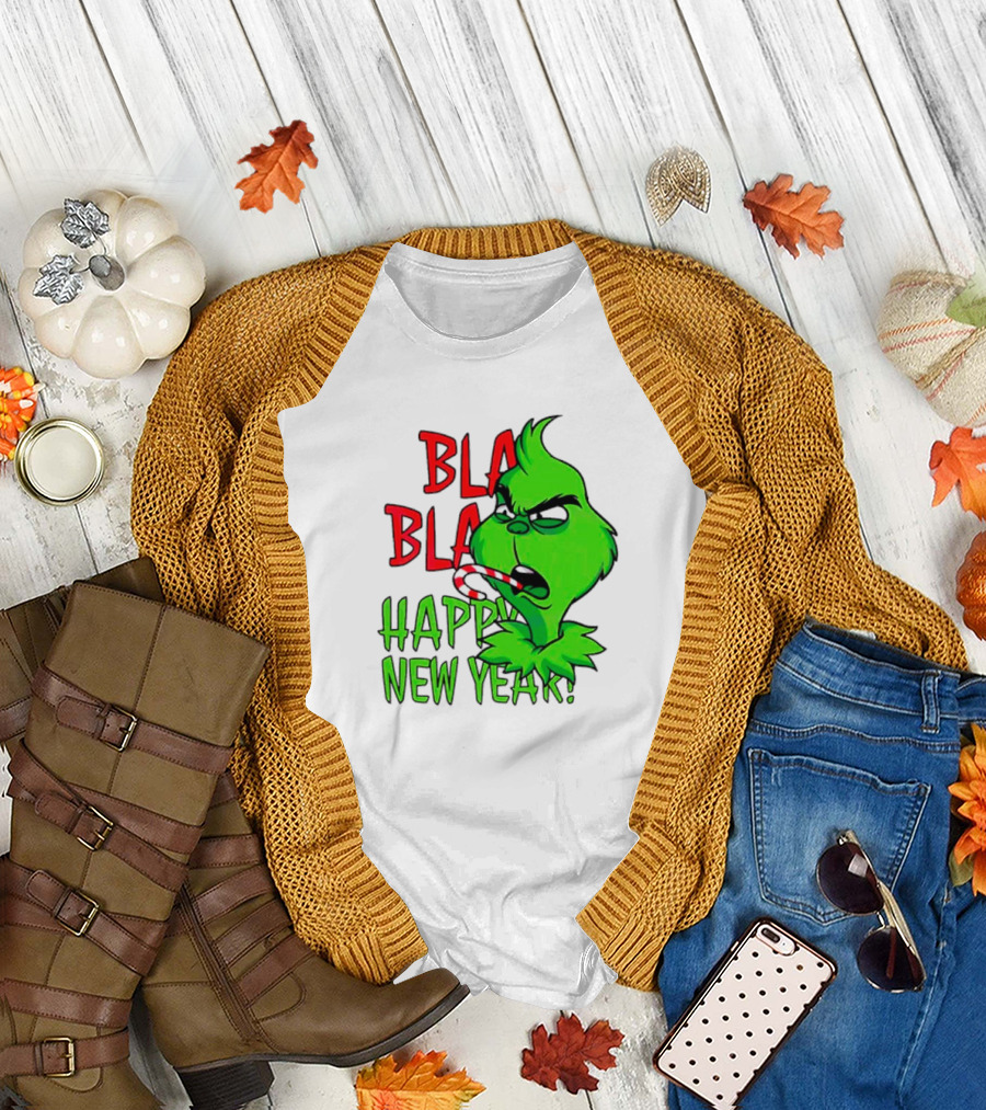 Bla Bla Happy New Year Grinch Candy Cane Image T-Shirt
