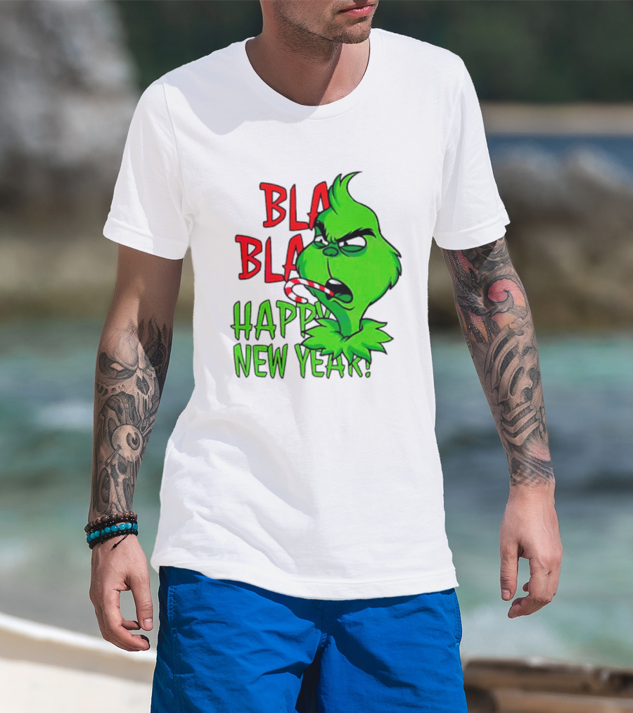 Bla Bla Happy New Year Grinch Candy Cane Image T-Shirt