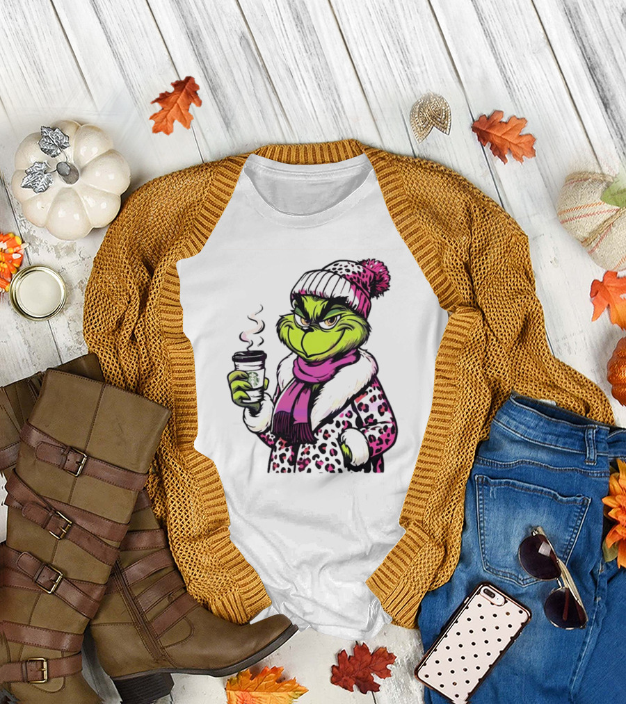 Grinchy and Bougie Pink Leopard Coffee Cozy T-Shirt