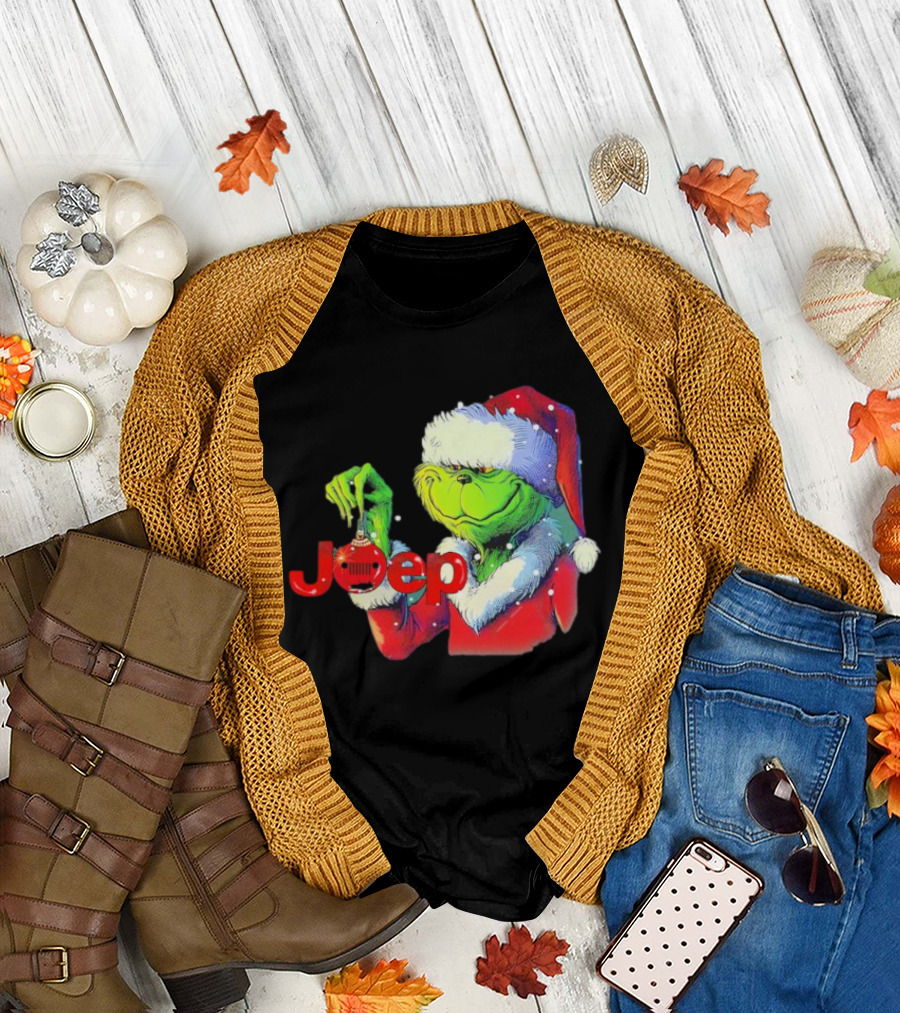 Santa Grinch Holding Jeep Ornament Holiday T-Shirt
