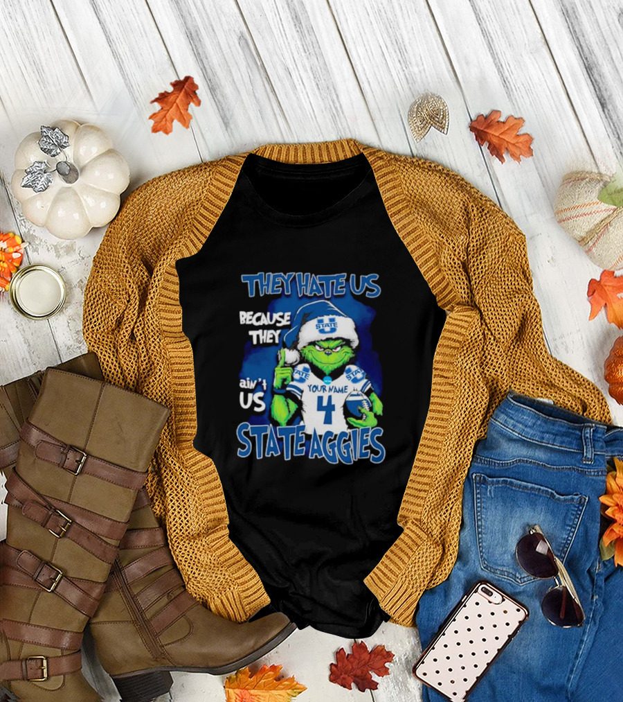 They Hate Us Because They Ain't Us Grinch Santa Utah State Aggies Your Name Custom Number T-Shirt