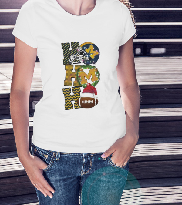 Michigan Wolverines Football Helmet Wreath Christmas Ho Ho Ho T-Shirt